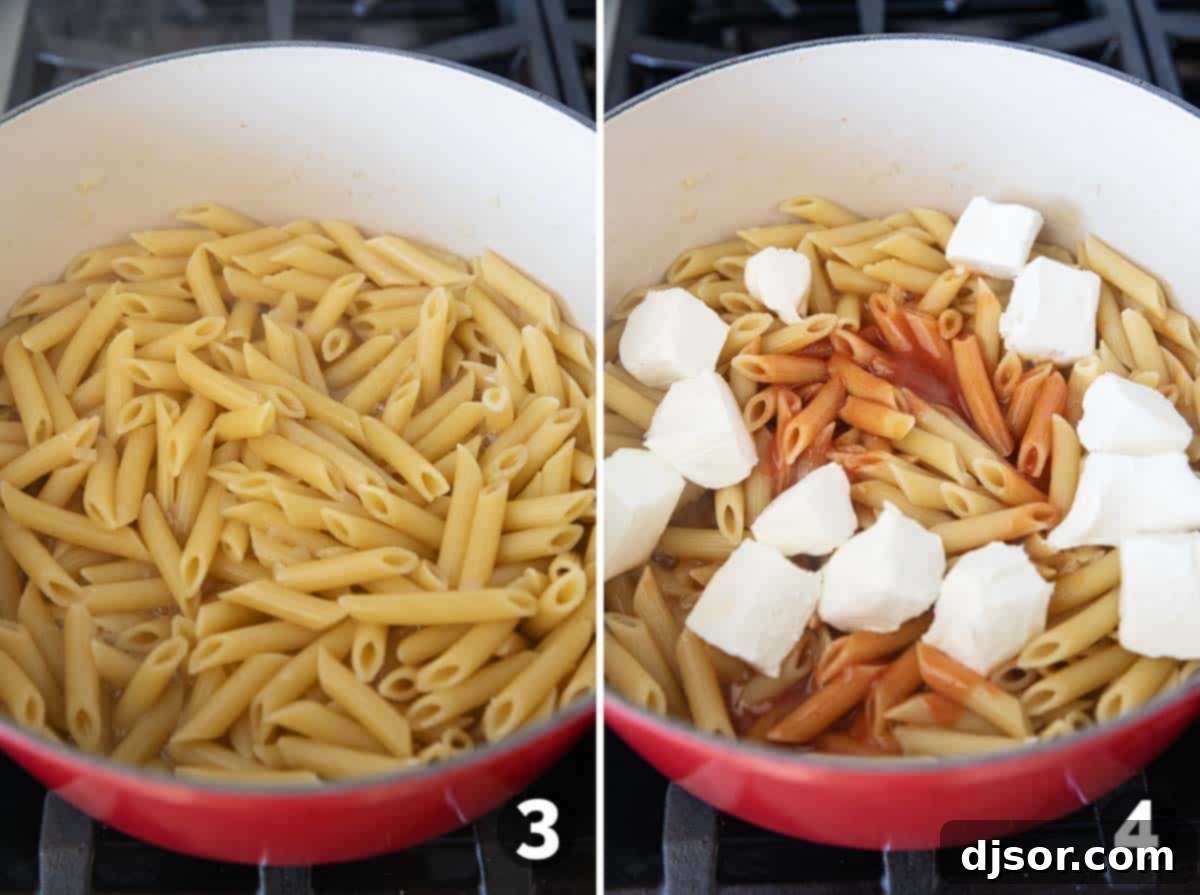 Ultimate Buffalo Chicken Pasta 5 Cooking noodles and adding buffalo sauce and cream cheese.
