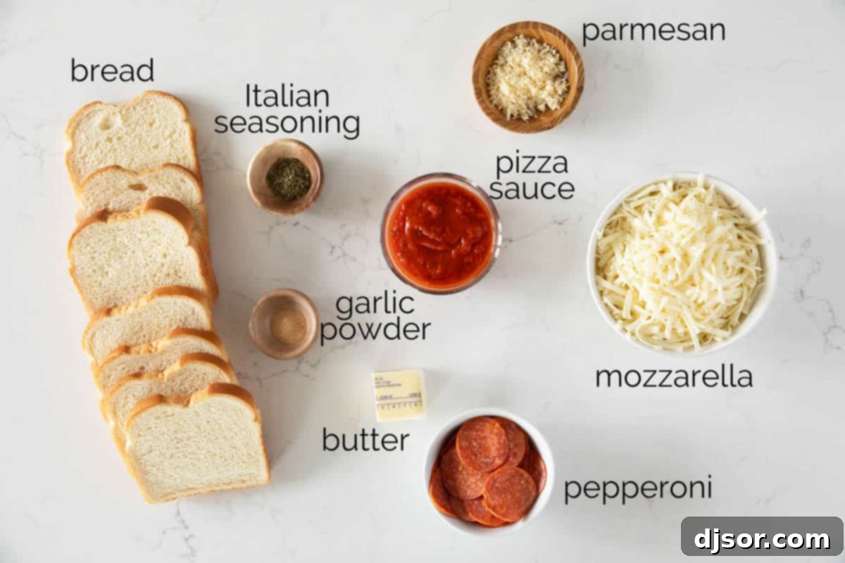 A collection of fresh ingredients laid out, ready for making Pizza Grilled Cheese sandwiches.