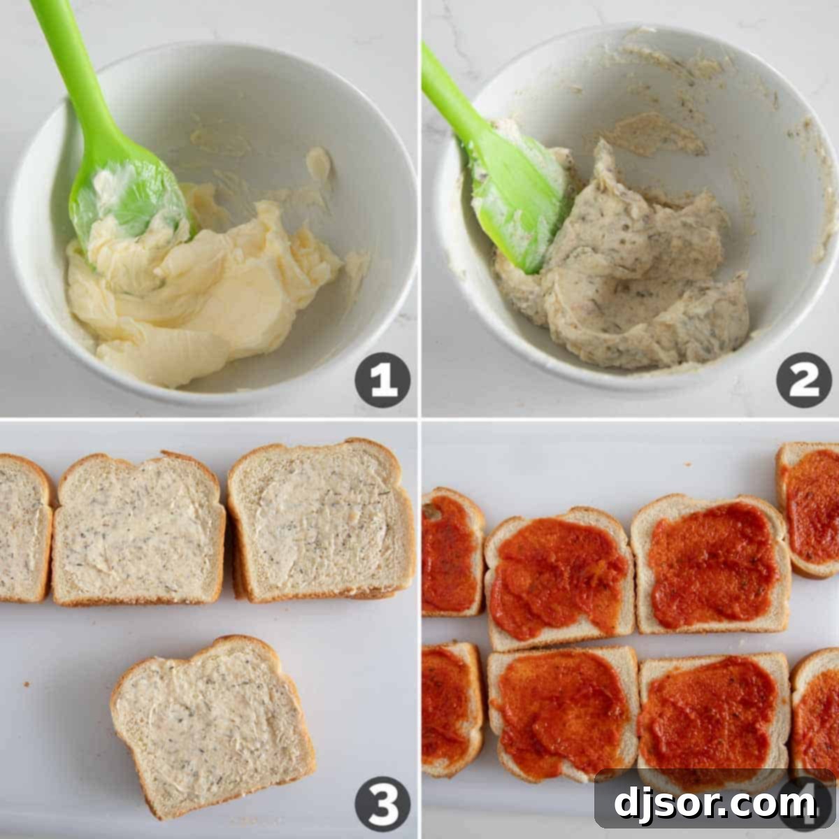 Stages of making pizza grilled cheese, showing herb butter being mixed and sandwiches being assembled.