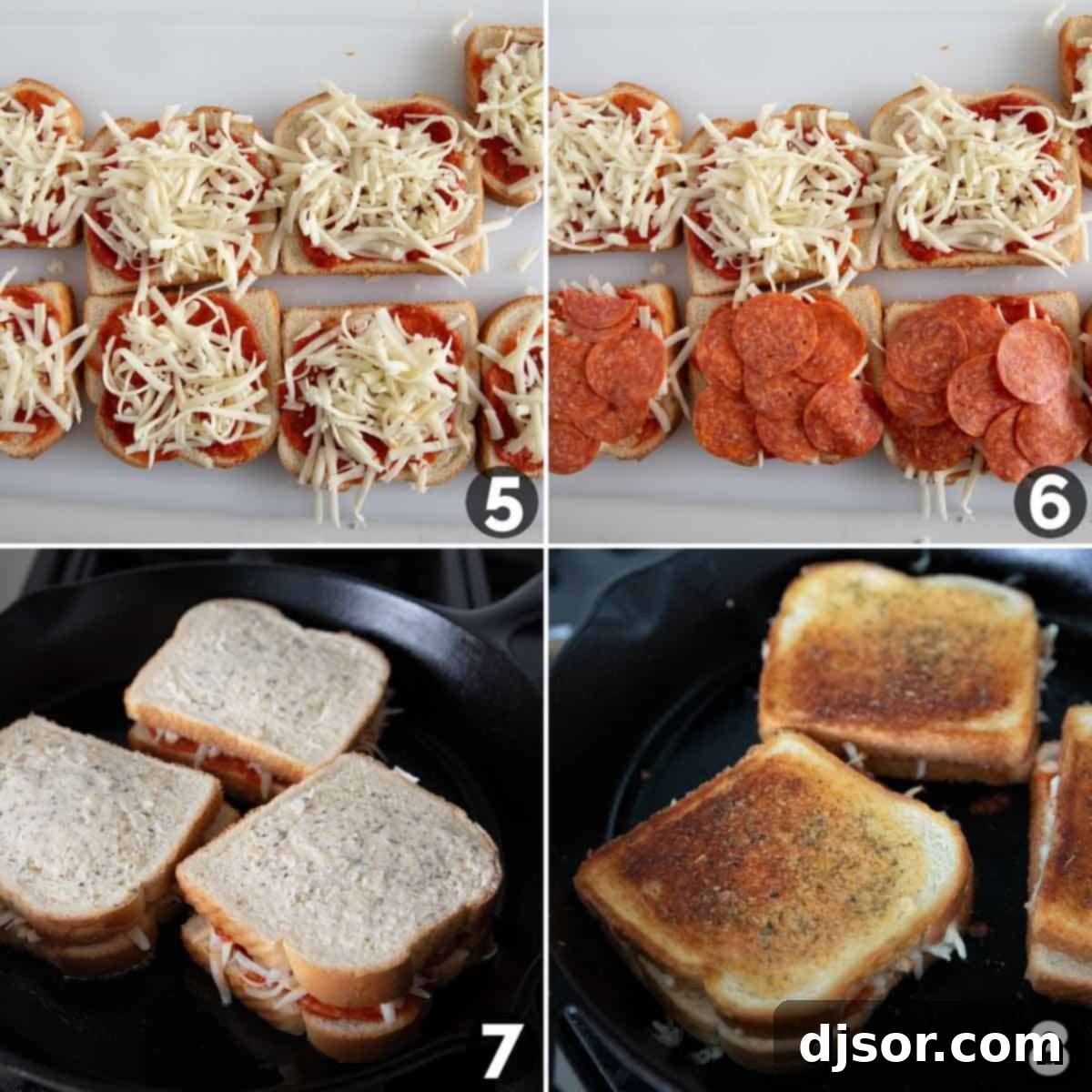 Close-up of assembling pizza grilled cheese, showing cheese and pepperoni being added before grilling.