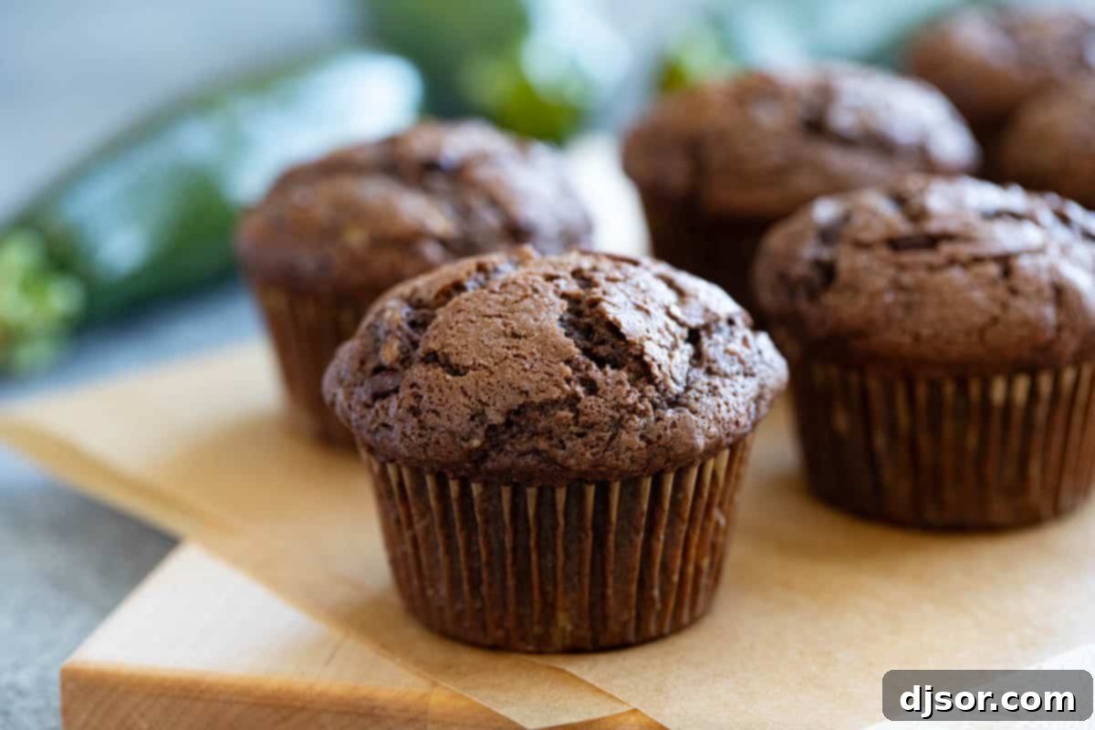 Moist Chocolate Zucchini Muffins with a Hint of Spice Freshly baked Chocolate Zucchini Muffins artfully arranged on a rustic wooden board, with vibrant green zucchini in the background, highlighting the key ingredient.