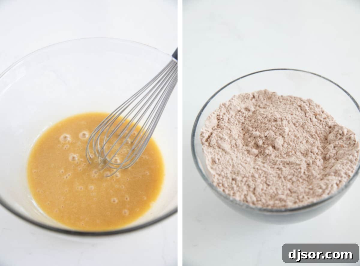 The Initial Steps: Mixing Wet and Dry Ingredients Wet ingredients being whisked in a large bowl, and dry ingredients being whisked in a separate bowl, ready for combining to make muffins.