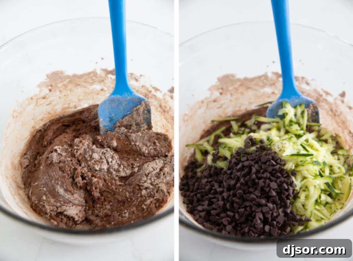 The Gentle Art of Mixing Muffin Batter The process of combining wet and dry muffin batter, then adding grated zucchini and chocolate chips before the final mix.