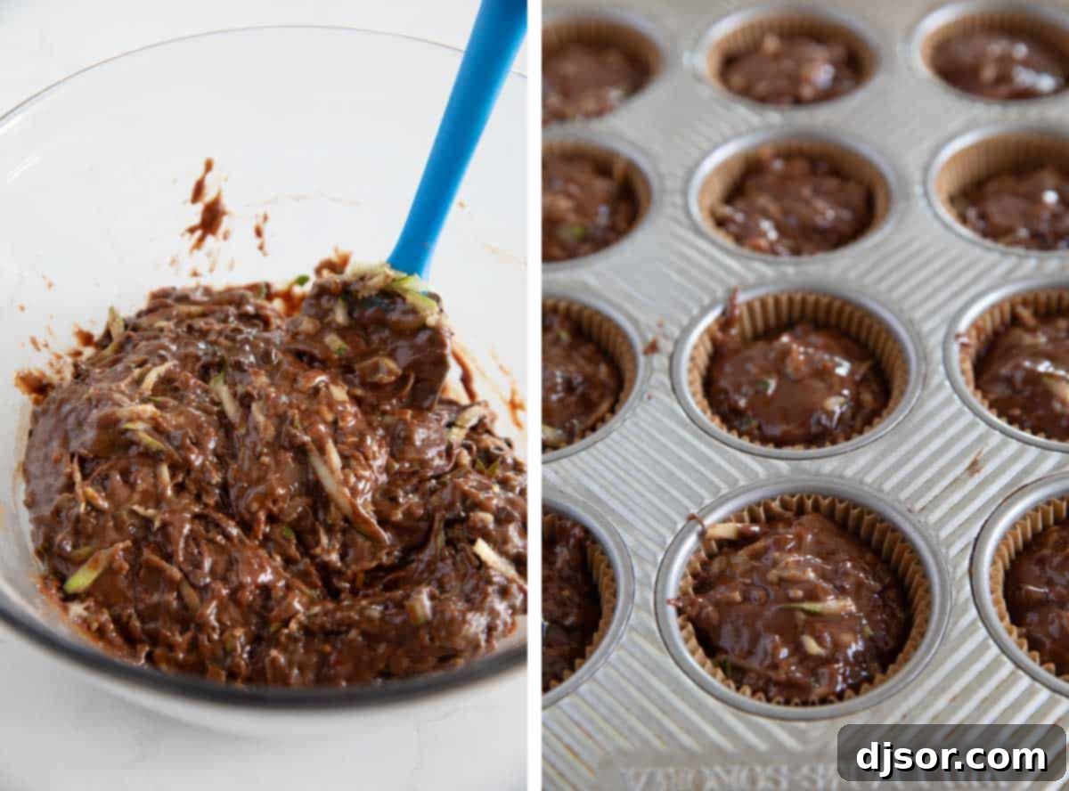 Ready to Bake: Chocolate Zucchini Muffin Batter in Tin The finished chocolate zucchini muffin batter being scooped into a muffin tin, ready for baking.
