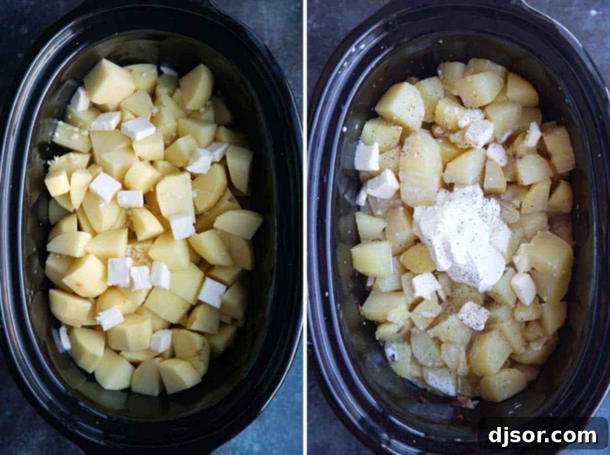 Perfectly Creamy Crockpot Mashed Potatoes 4 Comparison image showing raw, diced potatoes next to the same potatoes, cooked until tender, inside a slow cooker.
