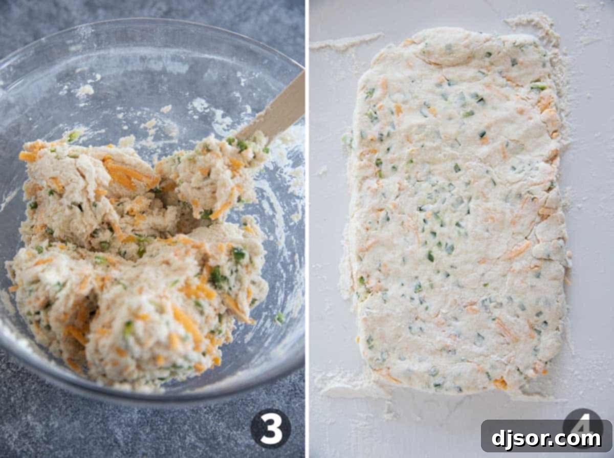 Dough for Jalapeno Cheddar Biscuits being mixed and then rolled out on a floured surface.