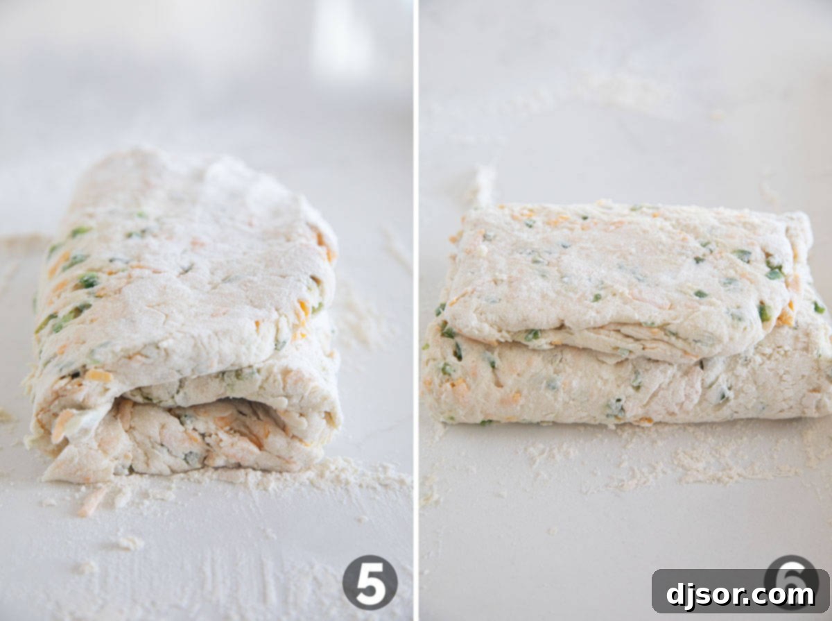 Demonstration of folding biscuit dough in thirds to create flaky layers for Jalapeno Cheddar Biscuits.