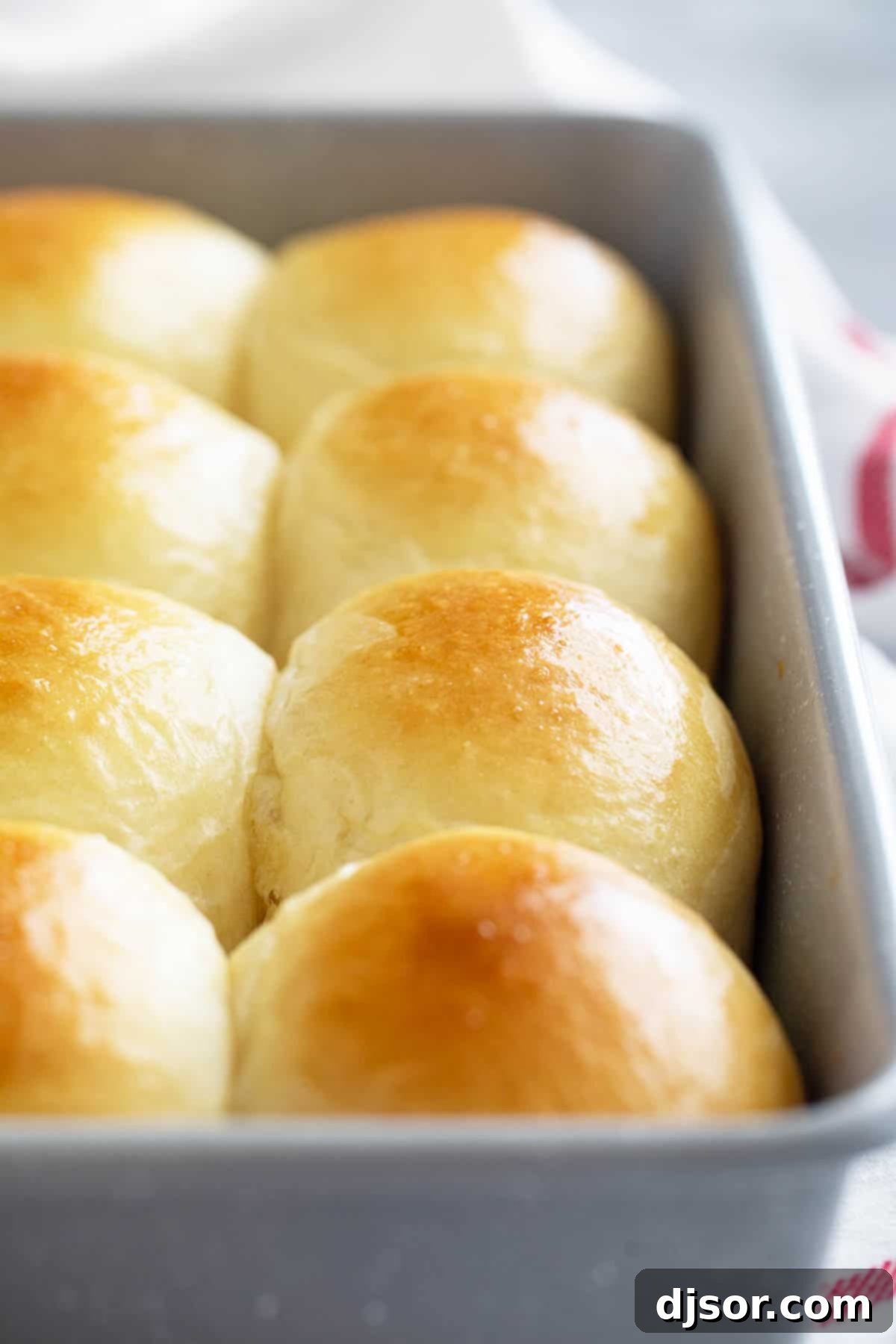 Baked Brioche Rolls in a baking dish, golden brown and perfectly puffed.