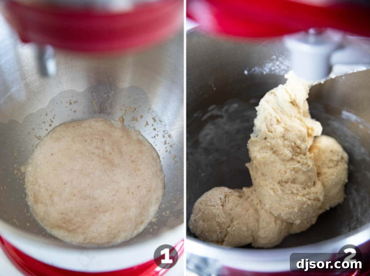 Step-by-step process of blooming yeast and incorporating initial ingredients for brioche rolls.