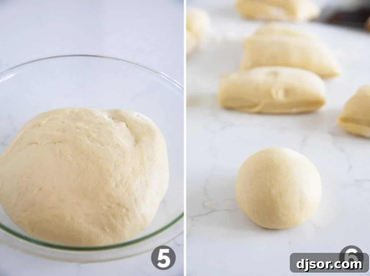Brioche dough rising in a bowl, followed by the process of forming it into individual rolls.