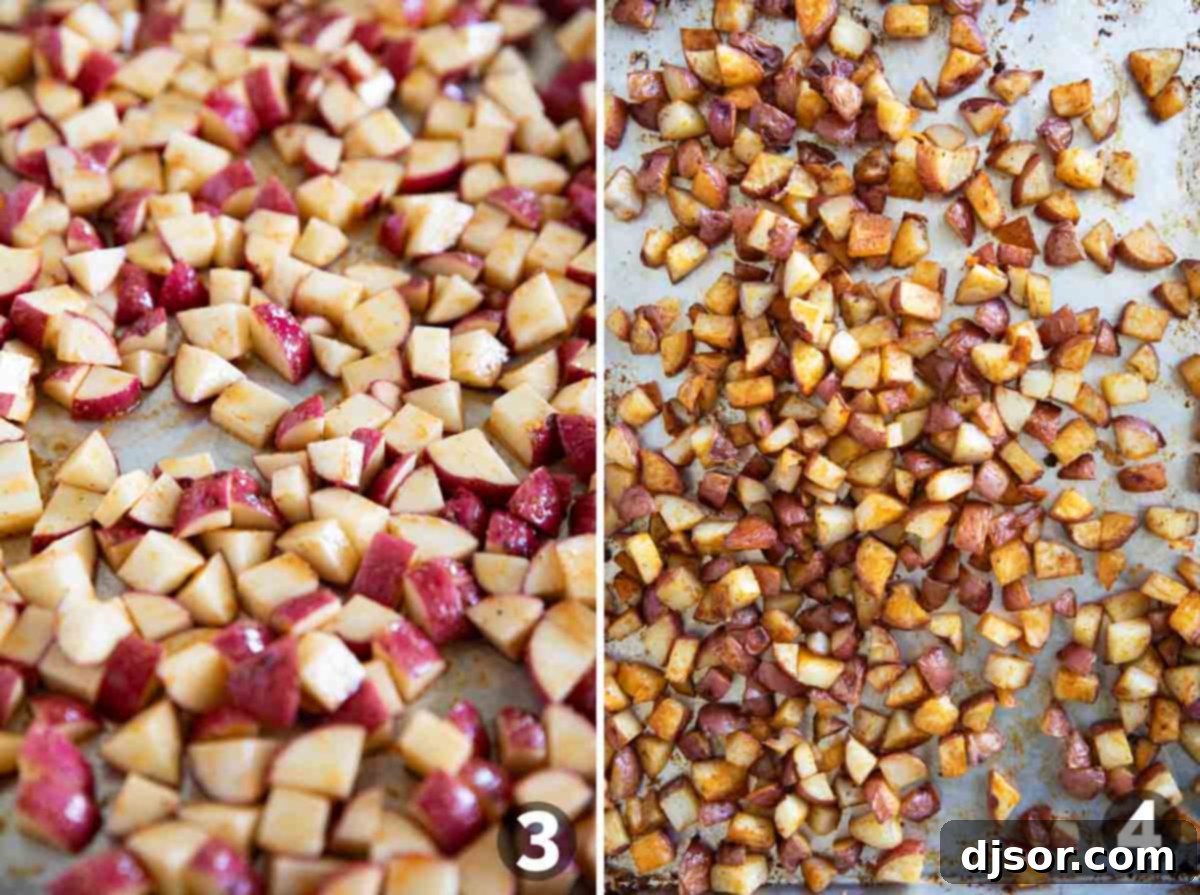 A side-by-side comparison image showing raw, seasoned diced potatoes on one half and perfectly roasted, golden-brown crispy breakfast potatoes on the other half, illustrating the cooking transformation.