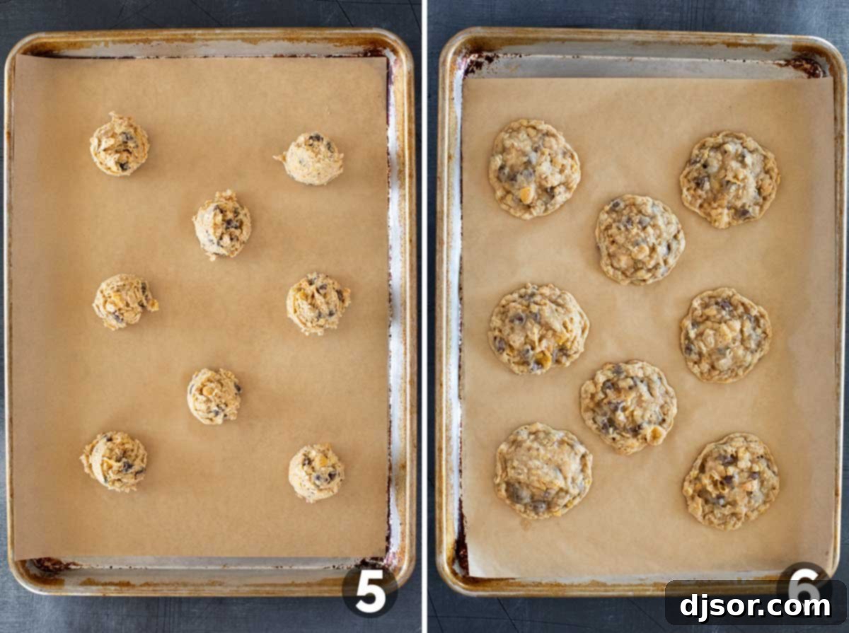 Cornflake Cookies 5 Cornflake Cookies dough on a baking sheet, and baked cookies.