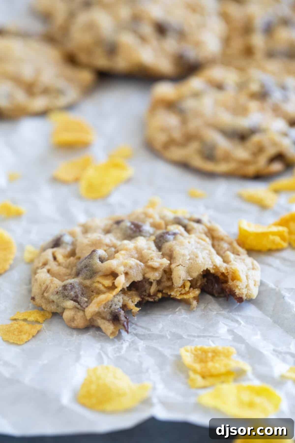 Cornflake Cookies 6 Cornflake Cookie with a bite taken from it.