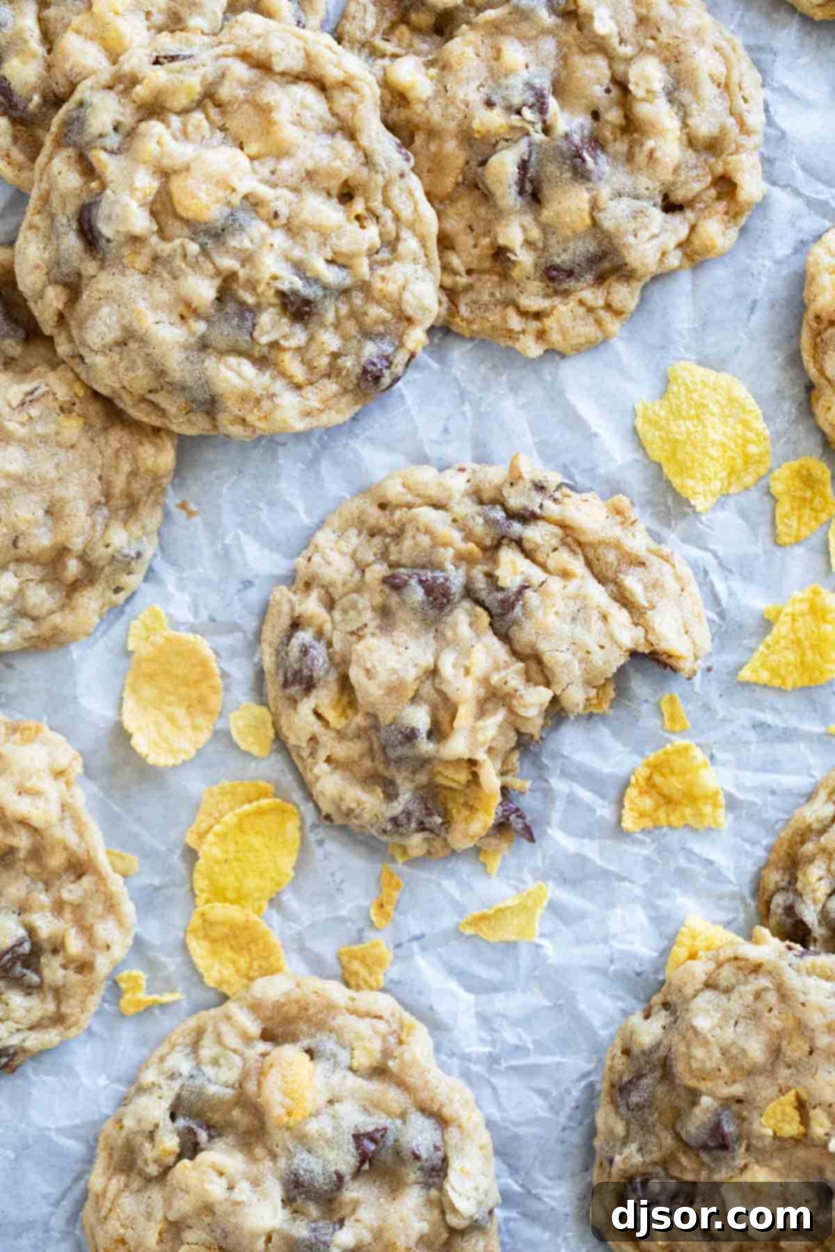 Cornflake Cookies 7 Chocolate chip Cornflake Cookies on parchment paper with a bite taken from one cookie.