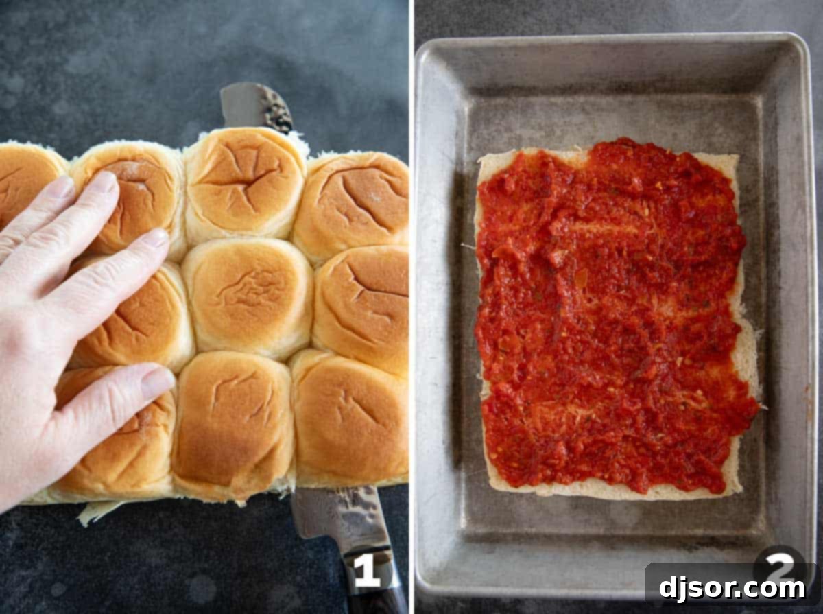 Pepperoni Pizza Poppers 4 Cutting rolls in half and adding pizza sauce for pepperoni pizza sliders.