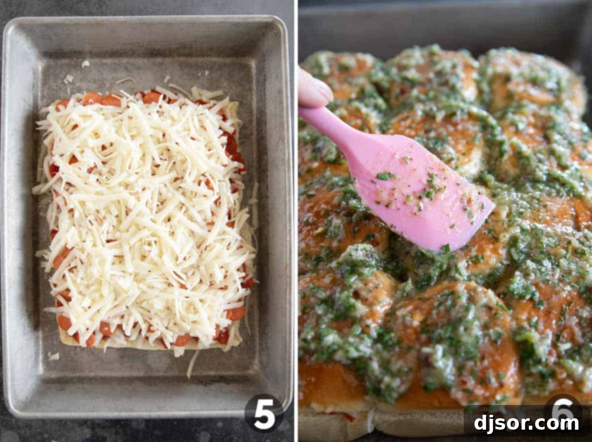 Pepperoni Pizza Poppers 6 Layering top layer of cheese, then adding topping for pepperoni pizza sliders.