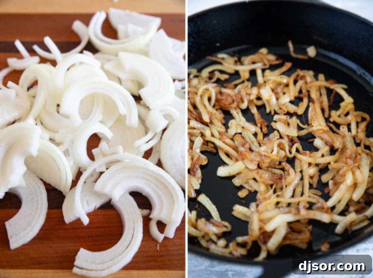 sliced onions before and after being caramelized.
