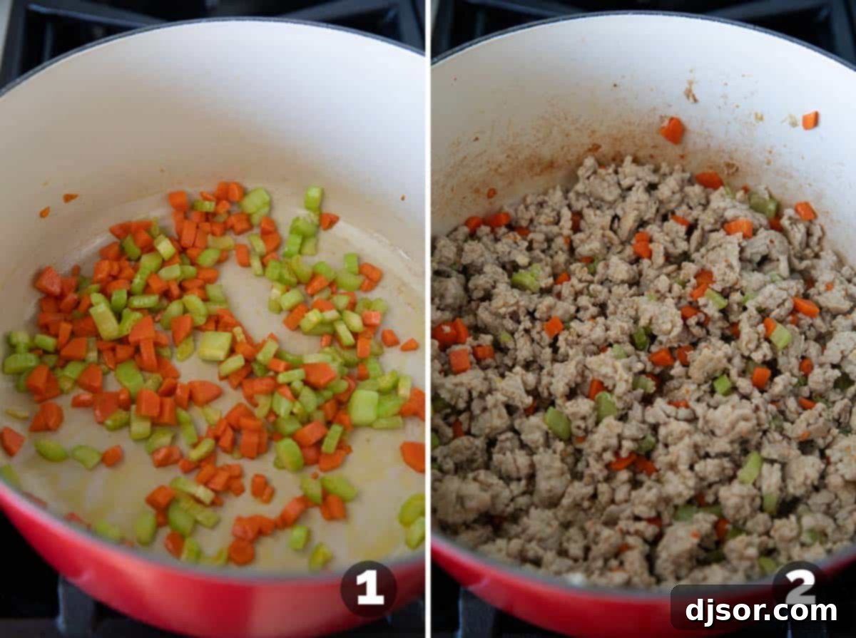 Fiery Buffalo Chicken Chili 4 Cooking vegetables and ground chicken for Buffalo Chicken Chili.