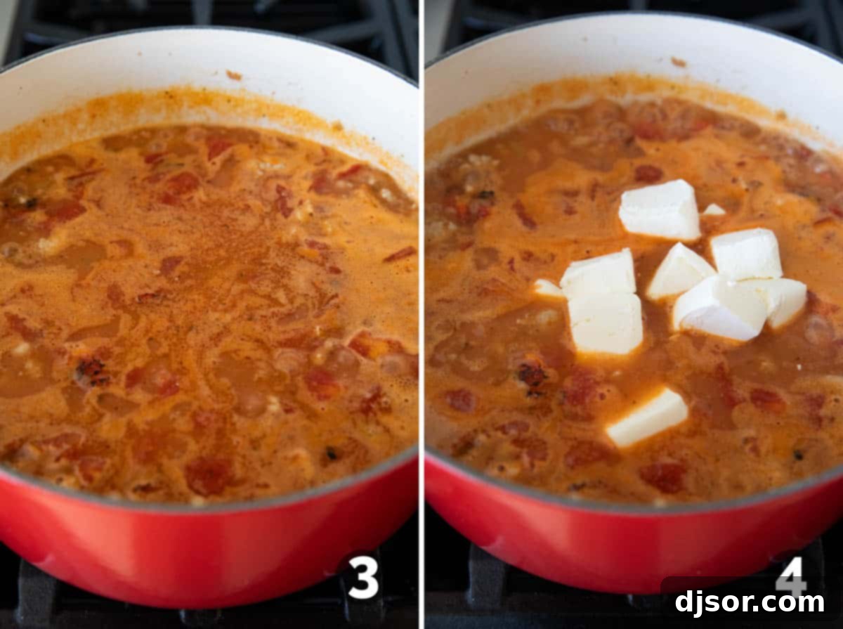 Fiery Buffalo Chicken Chili 5 Mixing ingredients and adding cream cheese to Buffalo Chicken Chili.