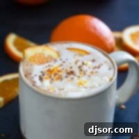 Orange Hot Chocolate topped with whipped cream, chocolate shavings, and orange zest.
