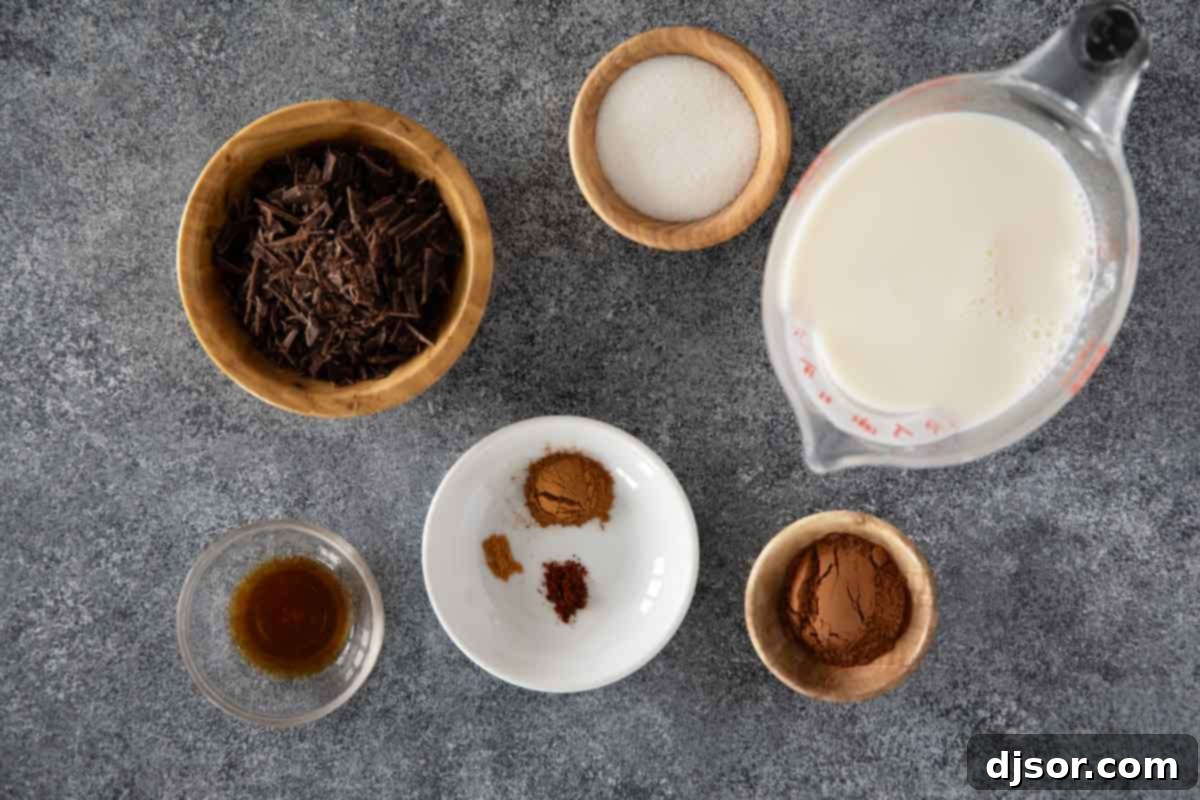 Velvety Mexican Spiced Chocolate 3 Ingredients for Mexican Hot Chocolate laid out on a rustic surface, showcasing milk, chocolate, spices, and vanilla.