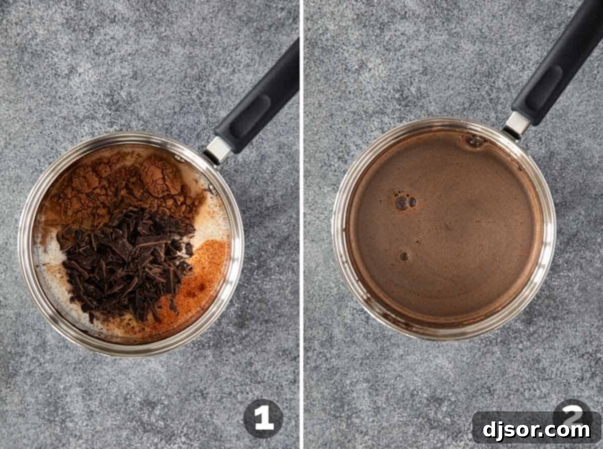 Velvety Mexican Spiced Chocolate 4 Step-by-step process of making Mexican hot chocolate, showing ingredients in a saucepan and then being whisked.