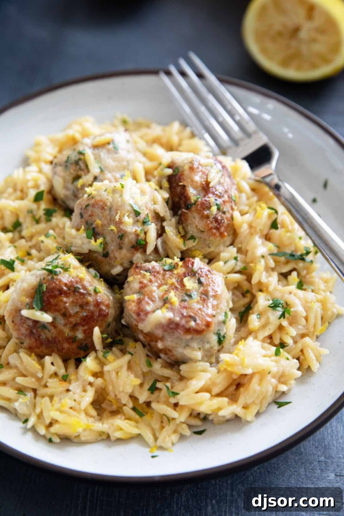 A beautiful plate filled with golden-brown chicken meatballs atop a bed of creamy, vibrant lemon orzo, garnished with fresh herbs, showcasing a delicious and comforting one-pan meal.