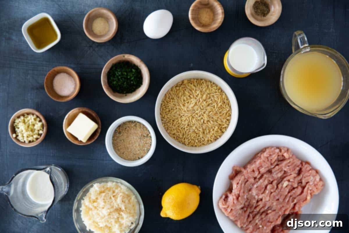 A collection of fresh, high-quality ingredients laid out on a wooden surface, ready to be transformed into delectable Chicken Meatballs with Creamy Lemon Orzo. This image highlights the key components for this easy and flavorful one-pan dinner.