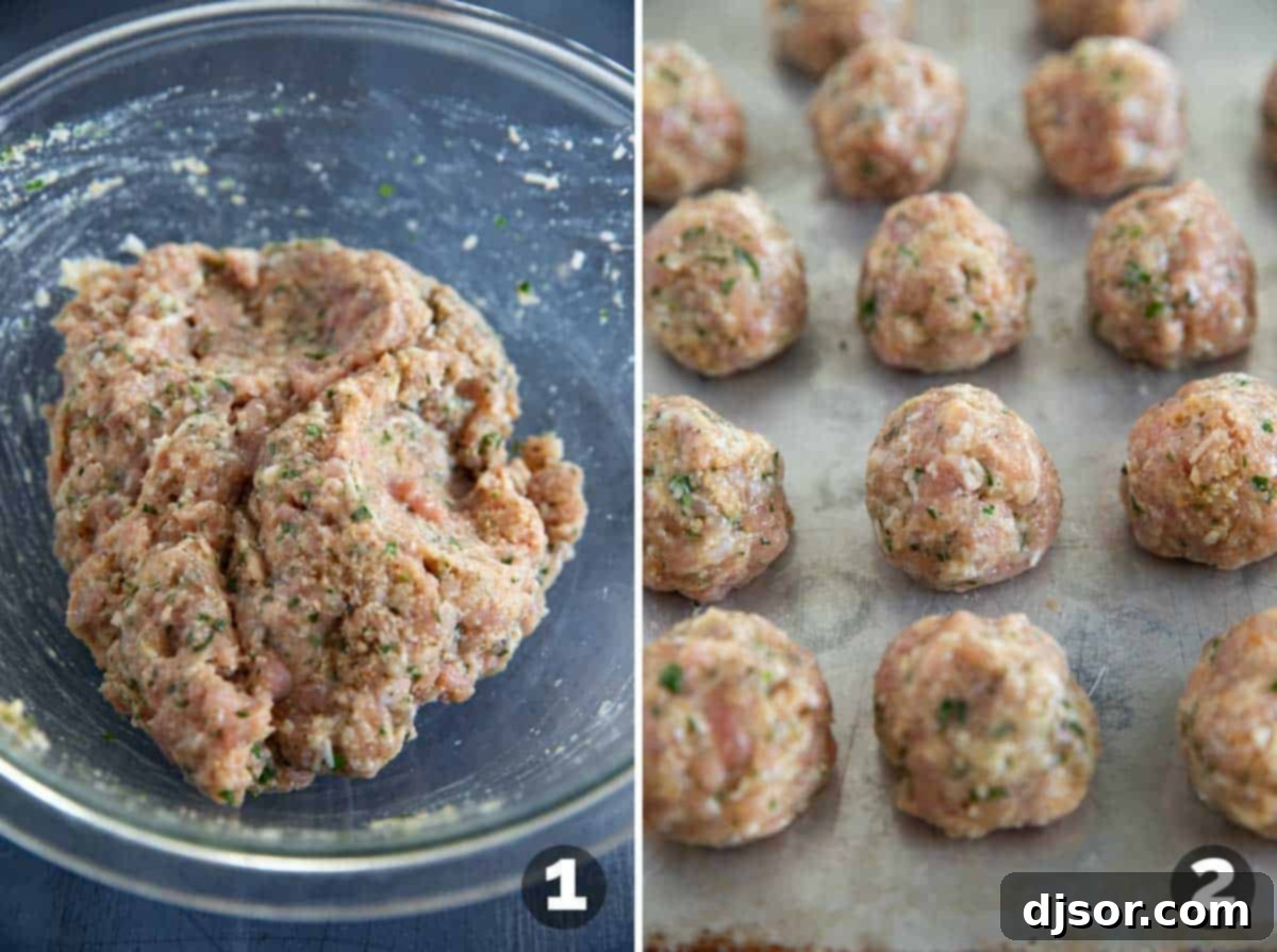 Close-up view of hands gently mixing ground chicken with herbs and spices in a bowl, then meticulously shaping the mixture into perfectly round meatballs, illustrating the initial steps of preparing the Chicken Meatballs with Creamy Lemon Orzo.