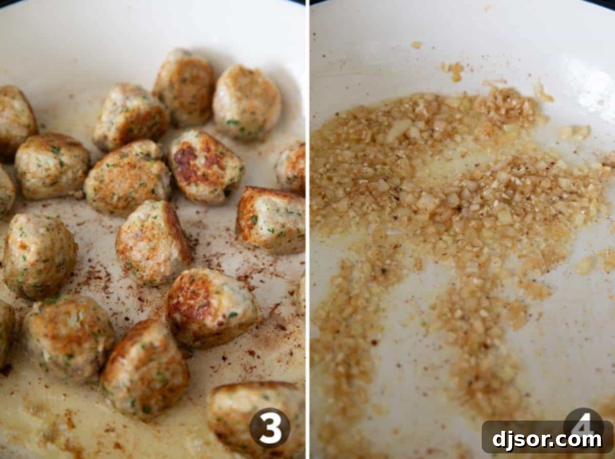 A large skillet on the stovetop, showcasing golden-brown chicken meatballs searing evenly, alongside finely chopped onions beginning to soften. This image captures two crucial cooking stages of the Chicken Meatballs with Creamy Lemon Orzo recipe.