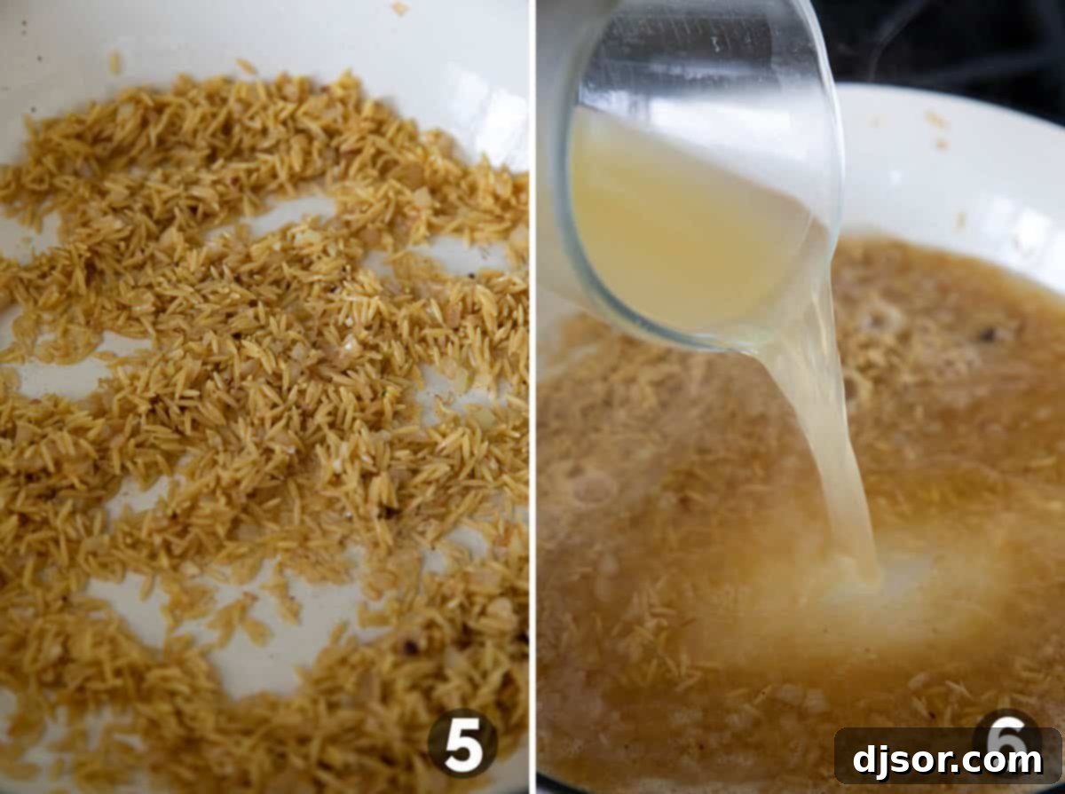A skillet on the stovetop showing uncooked orzo pasta being toasted to a light golden hue, then chicken broth being poured in, illustrating the crucial steps for building the flavorful creamy lemon orzo base.