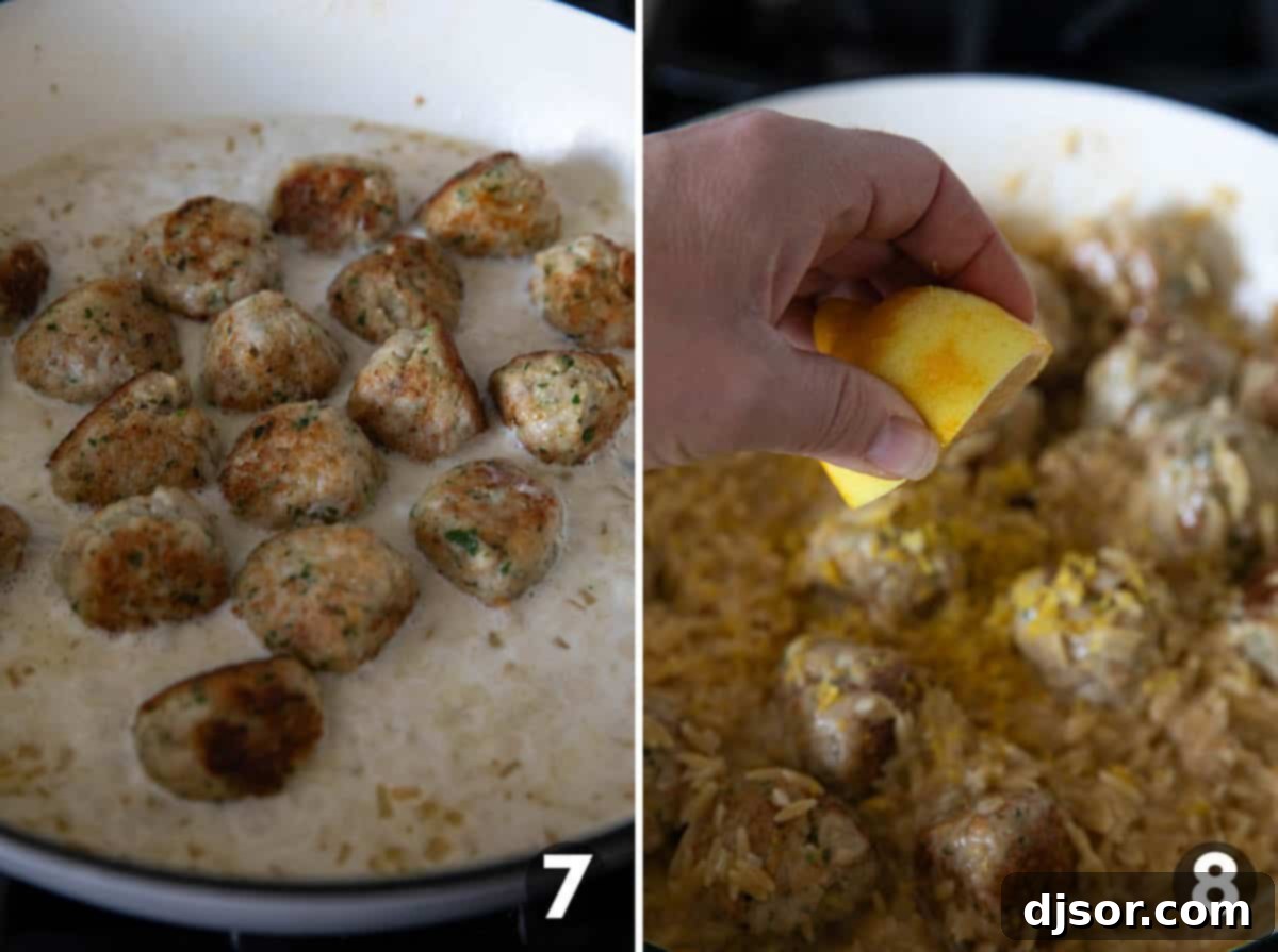 A pan filled with orzo pasta gently simmering with chicken broth, featuring browned chicken meatballs nestled within, followed by the addition of fresh lemon juice and zest. This sequence beautifully demonstrates the final stages of cooking for a creamy, zesty finish.