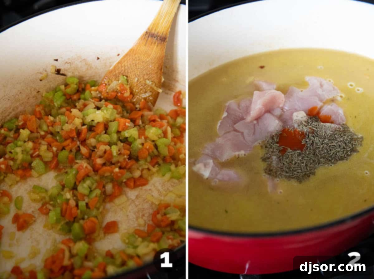 A large pot on a stovetop, showing diced carrots, celery, and onions sautéing in oil and butter, with minced garlic being added. This is the first step in preparing the chicken and dumplings soup base.