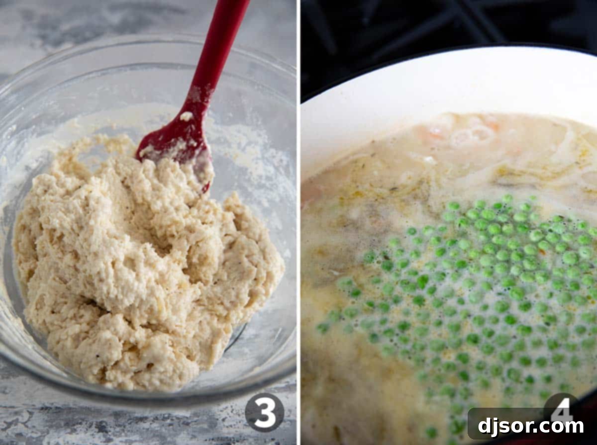 Two images side-by-side: on the left, hands mixing dumpling dough in a bowl; on the right, frozen peas being stirred into a simmering pot of chicken soup, indicating two concurrent steps in the chicken and dumplings recipe.