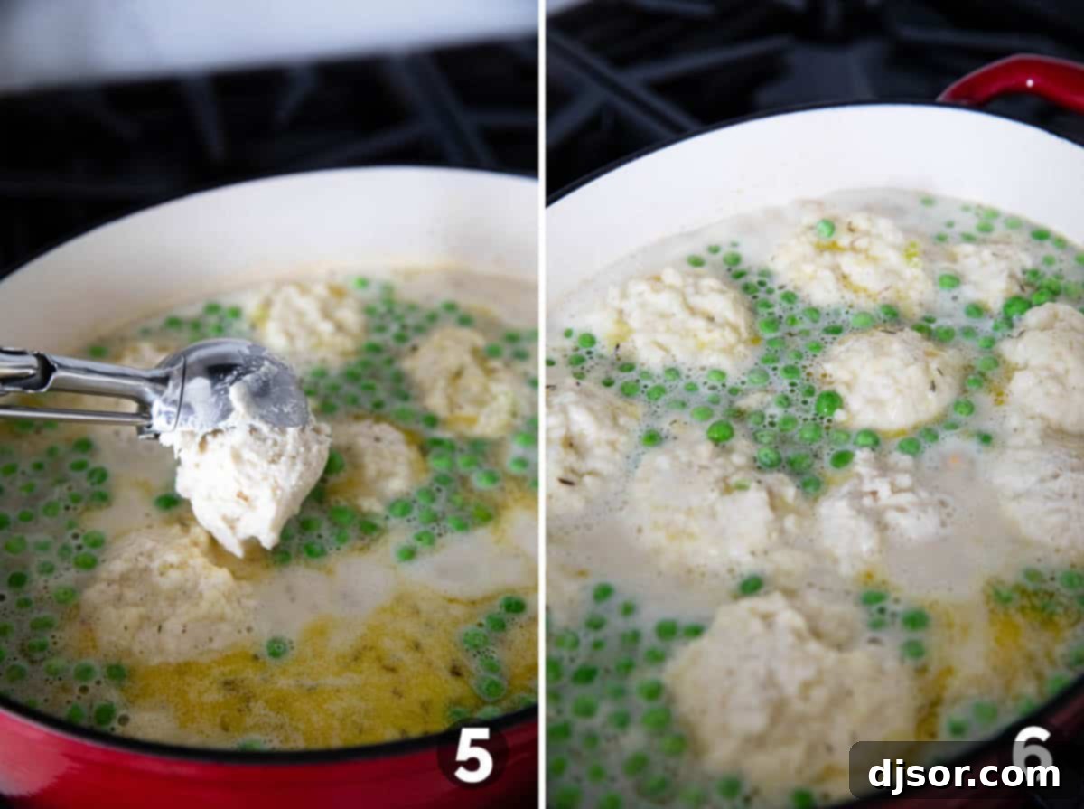 A large pot of creamy chicken soup with vegetables, as spoonfuls of dumpling dough are carefully dropped into the simmering liquid. Steam rises from the pot, illustrating the cooking process for chicken and dumplings.
