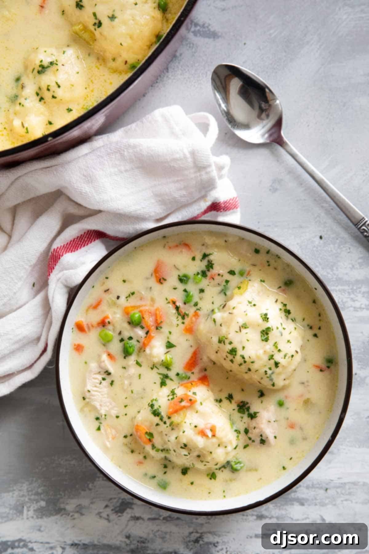 A beautiful, close-up shot of a bowl of creamy chicken and dumplings, garnished with fresh green herbs, highlighting the rich texture of the soup and the soft, inviting dumplings.
