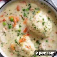 A bowl filled with creamy chicken and dumplings, with two large dumplings and garnished with fresh herbs.
