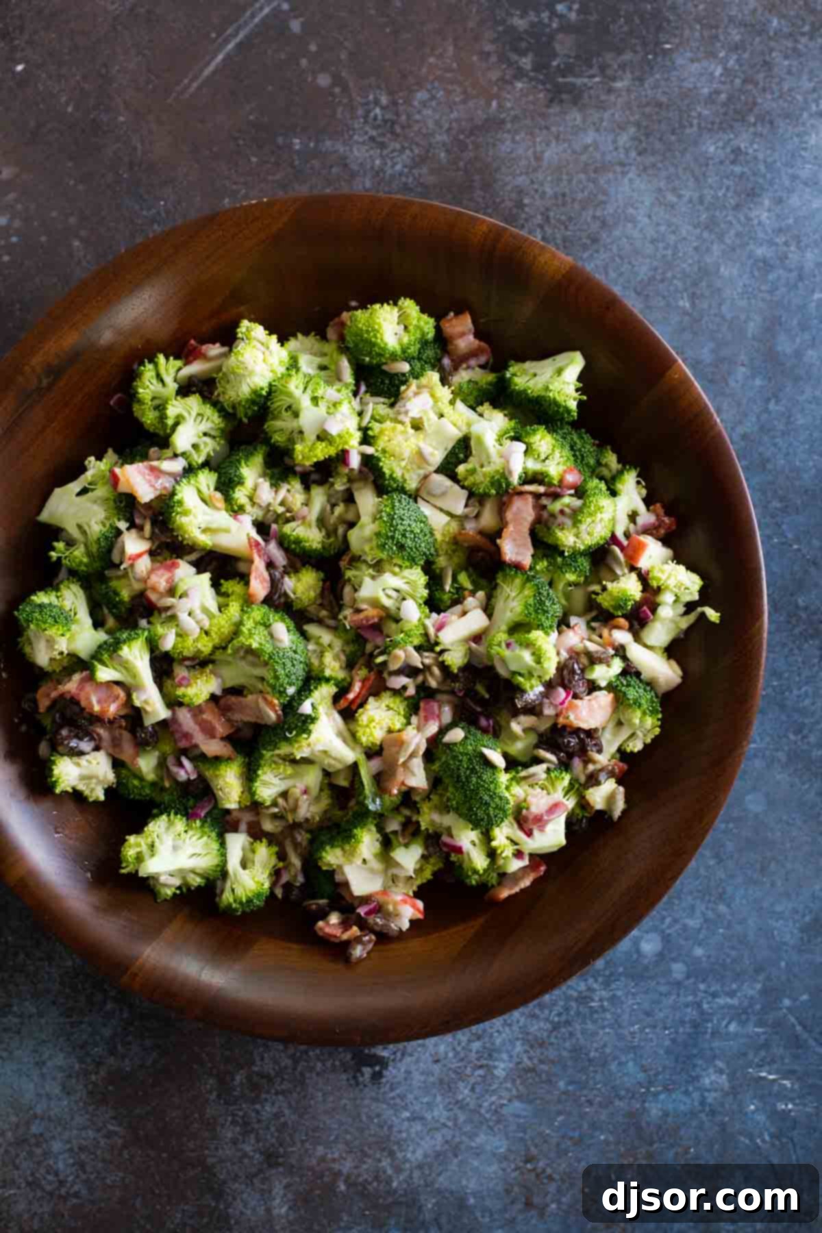 Broccoli salad with bacon, apples, and sunflower seeds