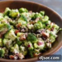 Broccoli Salad in a wooden bowl