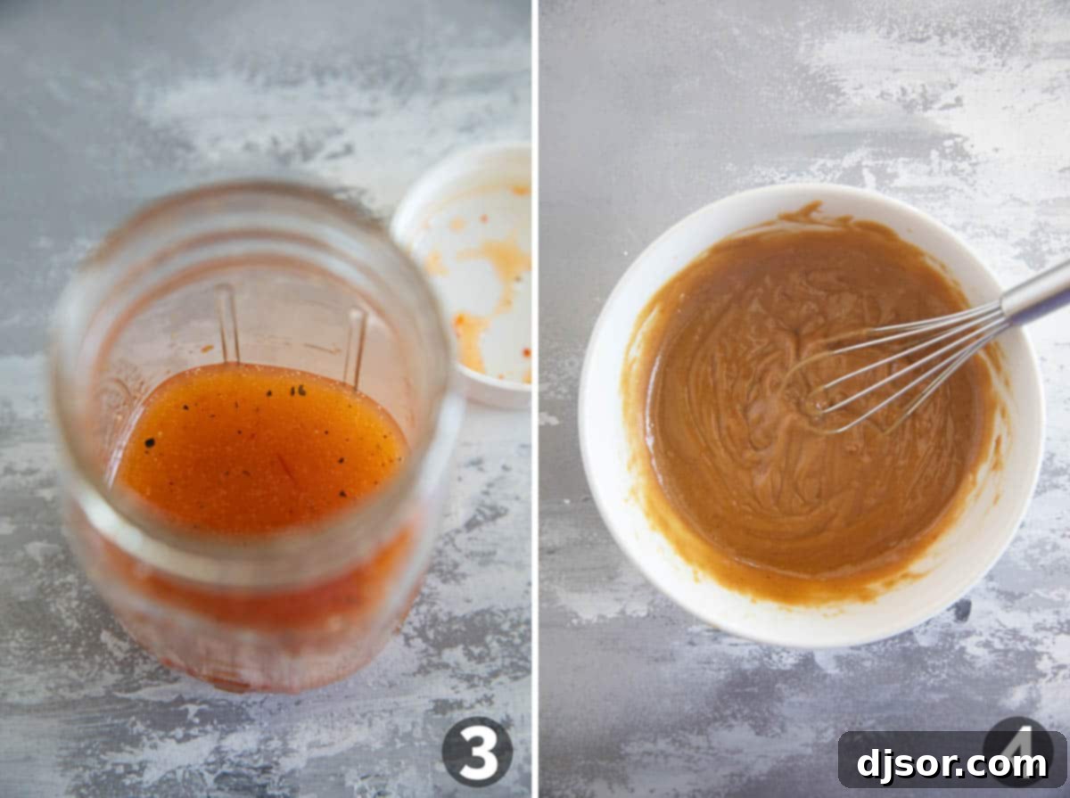 Vibrant Thai Chicken Salad 5 Making dressing and peanut sauce for Thai Chicken Salad.