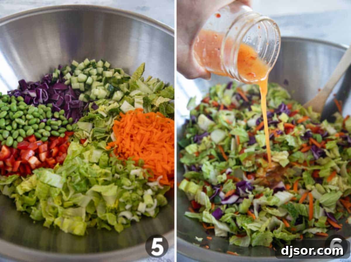 Vibrant Thai Chicken Salad 6 Combining ingredients and adding dressing to Thai Chicken Salad.