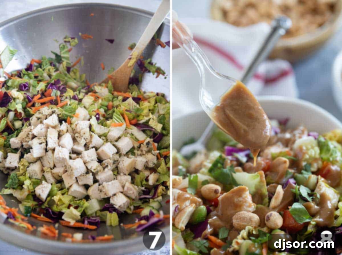 Vibrant Thai Chicken Salad 7 Adding chicken to a Thai Chicken Salad, and drizzling peanut sauce over the top.