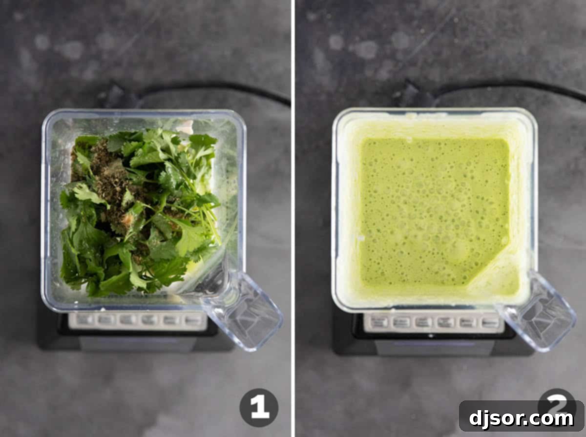 Step-by-step process showing ingredients being added to a blender for Tomatillo Ranch Dressing, demonstrating the simplicity of preparation.