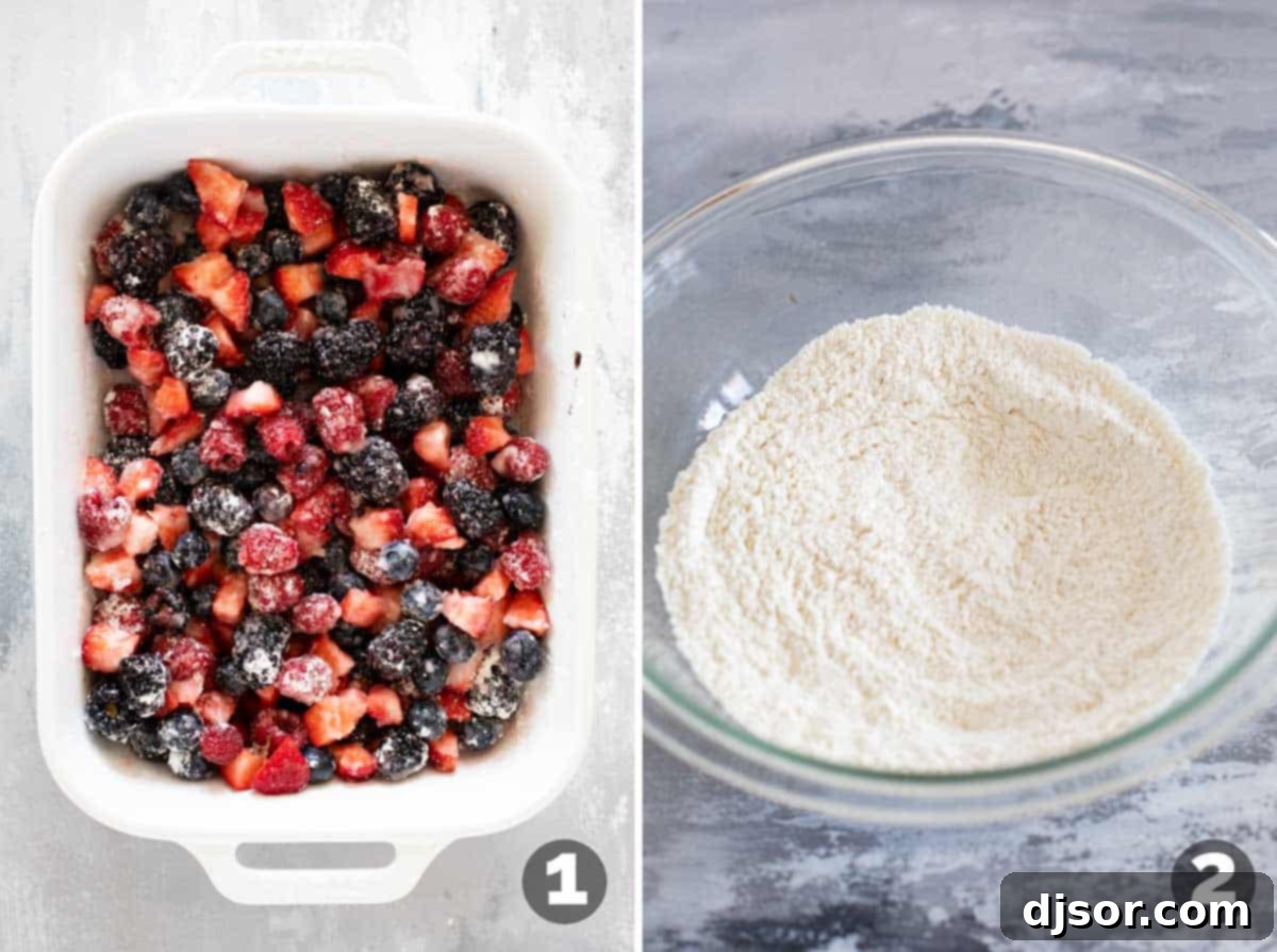Close-up images showing fresh mixed berries being gently stirred with sugar and lemon juice, alongside a separate bowl where dry ingredients for the biscuit topping are being whisked together.