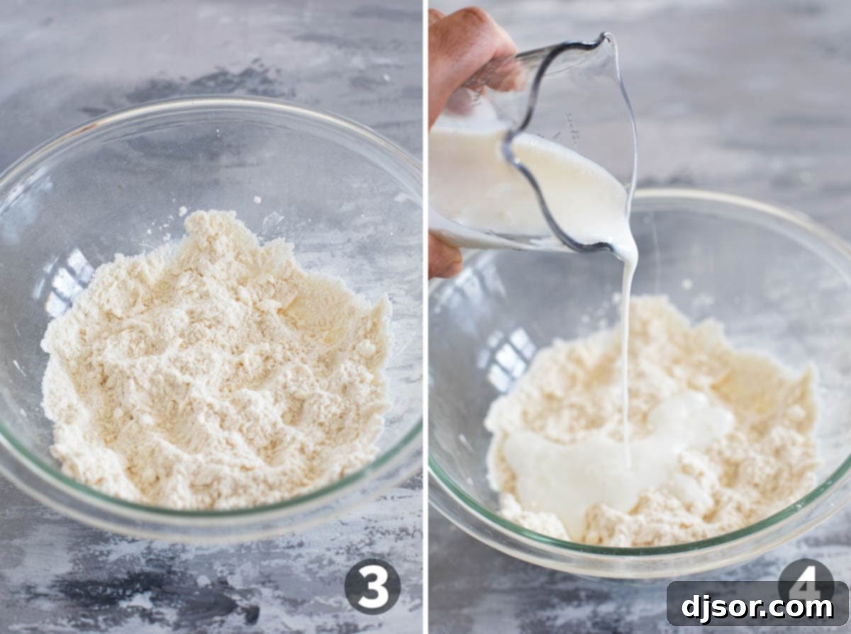 Detailed step-by-step images showing the process of making the biscuit topping for berry cobbler, from cutting cold butter into flour to gently mixing in buttermilk to form a soft dough.