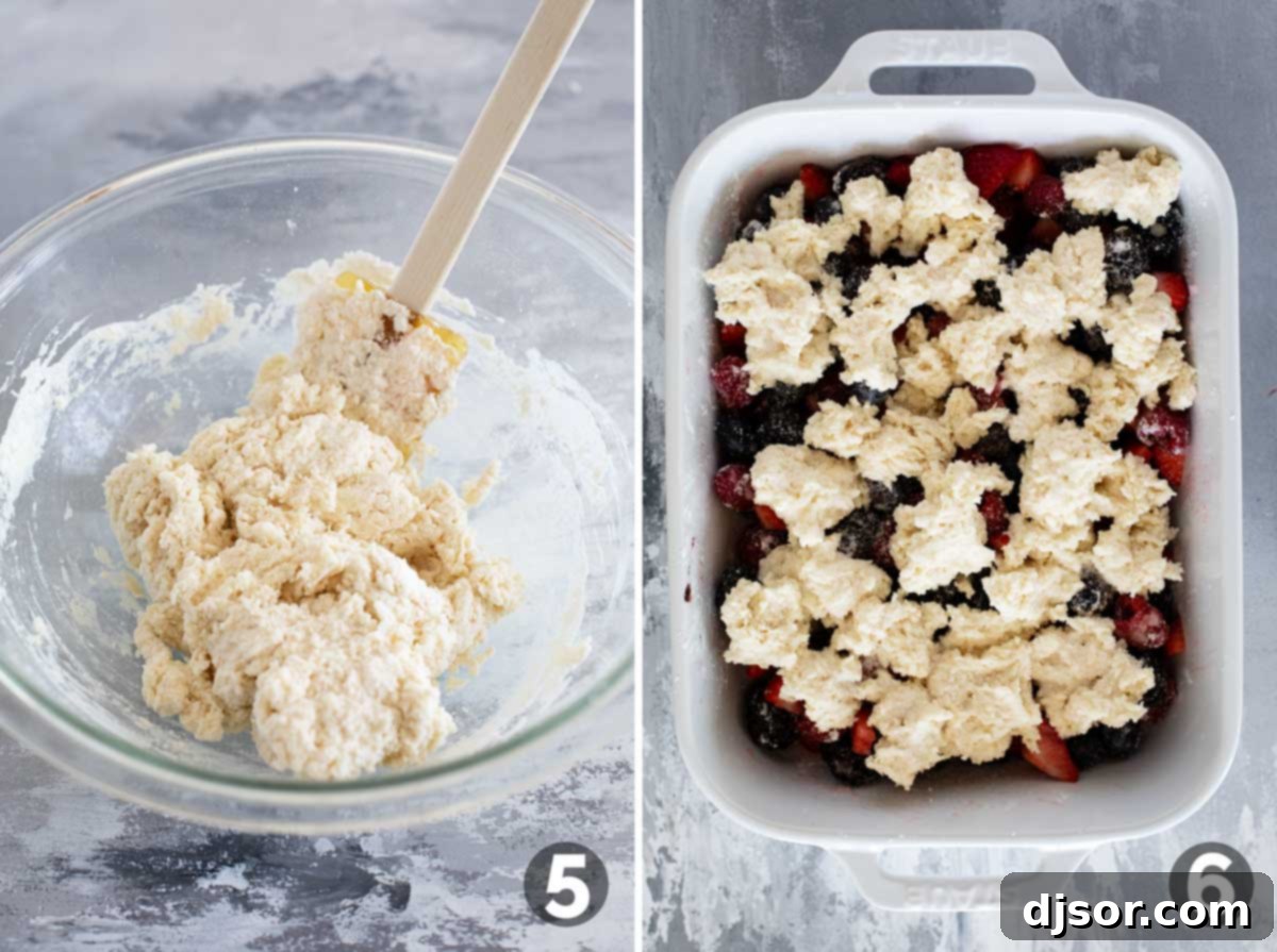 Visual steps for berry cobbler preparation, showing the soft biscuit dough for the topping, followed by spoonfuls of the dough being dropped onto the mixed berries in a baking dish.