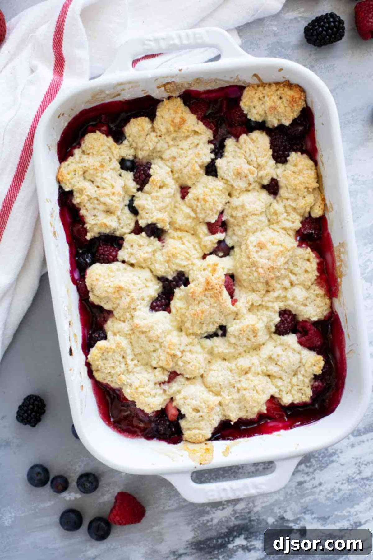 A rectangular baking dish filled with a golden-brown Berry Cobbler, showcasing the perfectly baked biscuit topping and the vibrant berry filling bubbling underneath.