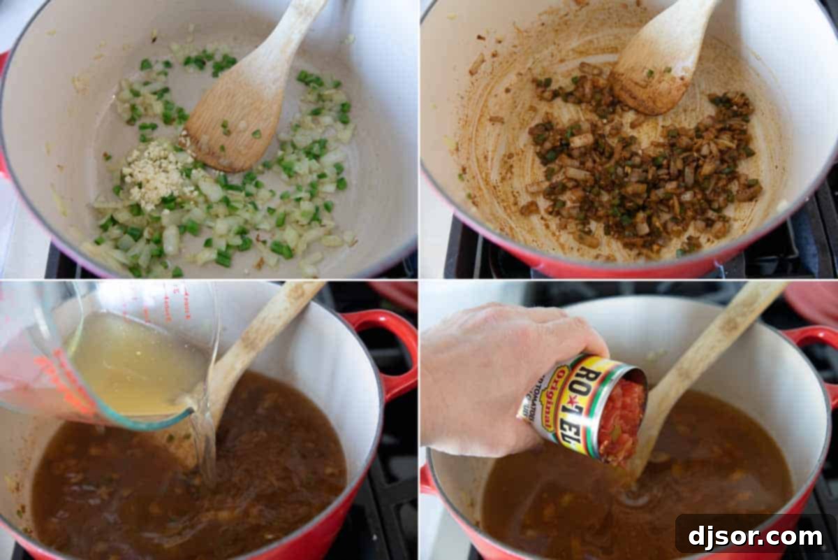 A visual step-by-step sequence showing vegetables sautéing in a Dutch oven, followed by the addition of chicken broth, Rotel (diced tomatoes and green chiles), and rich red enchilada sauce.