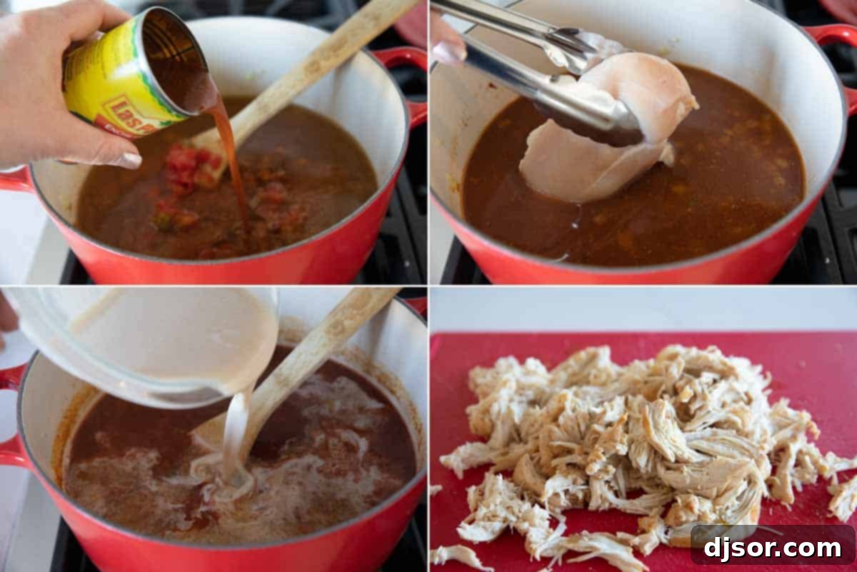 Sequential images demonstrating the addition of rich red enchilada sauce to the simmering soup base and then gently poaching boneless chicken breasts in the flavorful liquid until cooked.