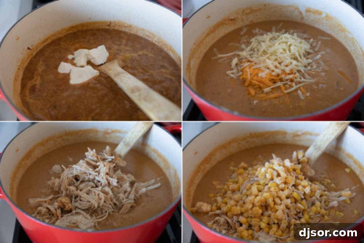 A visual guide to the finishing steps of preparing chicken enchilada soup: whisking in cream cheese, stirring in shredded cheese, adding shredded chicken, and incorporating frozen corn for the final simmer.